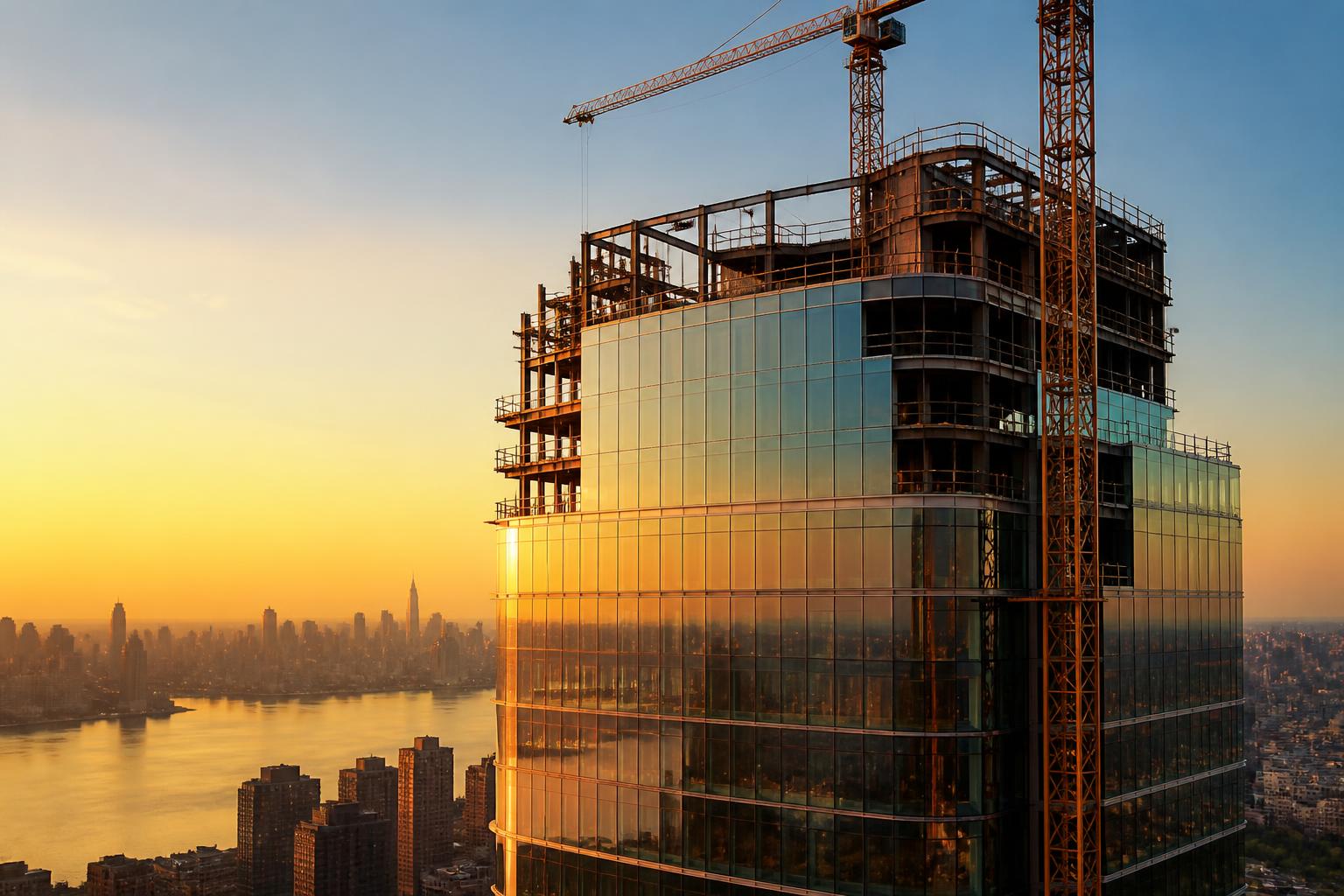 Modern skyscraper under construction at golden hour